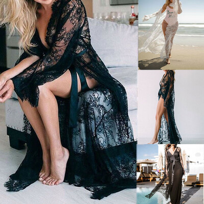 

Women Lace Kimono Bikini Cover Up Cardigan Long Sleeve Sunscreen Thin Coat Beach
