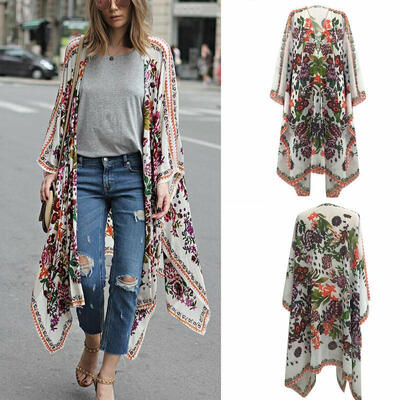 

US Stock Women Outwear Floral Shawl Kimono Cardigan Chiffon Tops Jacket Blouse