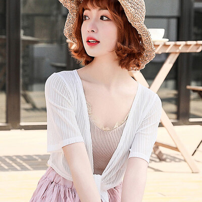 

summer women sunscreen short sleeved little shawl hollow out thin cardigan chiffon top fashion see through top For Women