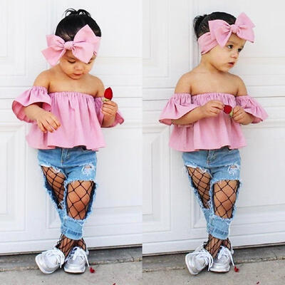 

3Pcs Fashion Baby Clothes Toddler Kids Girls Off Shoulder Tops Ripped Denim Pants Outfit Set Clothes