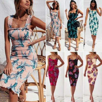 

Sommer Frauen ärmelloses figurbetontes Kleid Abendkleid mit Blumenmuster