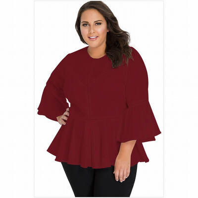 

Plus Size round neck seven-point trumpet sleeve solid color crochet casual top