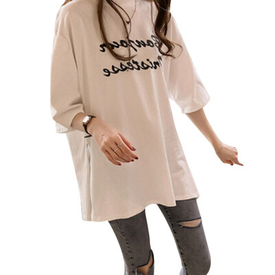 

Cotton Casual Letter Print Long Tshirt Round Neck Half Sleeve Womens Tops Summer Harajuku Loose Side Split T-shirt