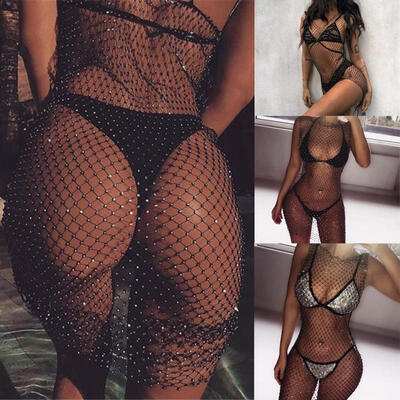 

New Sexy Fishnet Bling Diamante Crystal Dress Beach Cover Up Club Party Bling Hot
