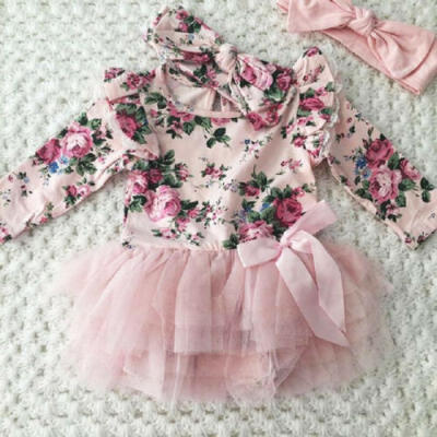 

US Newborn Baby Girl Floral Lace Tulle Romper Jumpsuit Headband Outfits Clothes