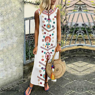 

Boho Women Plus Summer Party Long Maxi Dress Sleeveless Sundress Kaftan Dress