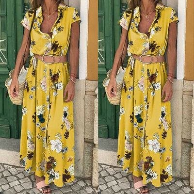 

Lady Short Sleeve Floral Wrap With Belt Boho Long Shirt Dress Women V-neck Party Bodycon Maxi Dress Clothing Sundress Plus Size