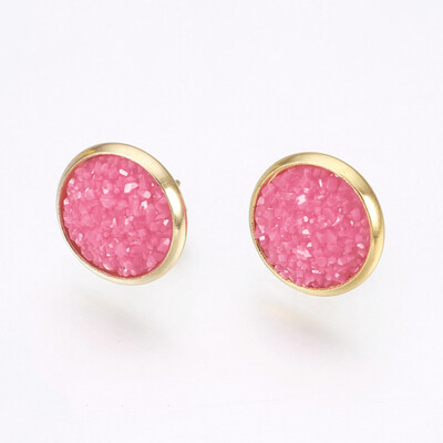 

Resin Stud Earrings with Golden Tone 304 Stainless Steel Findings Flat Round Druzy Resin Fuchsia 14515mm Pin 07mm