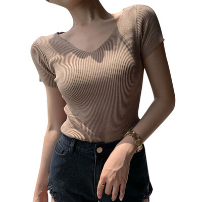 

Korean Version Summer Knitted Short Sleeved T-shirt Chic V Collar Solid Color Slim Simple Casual Tee Shirt