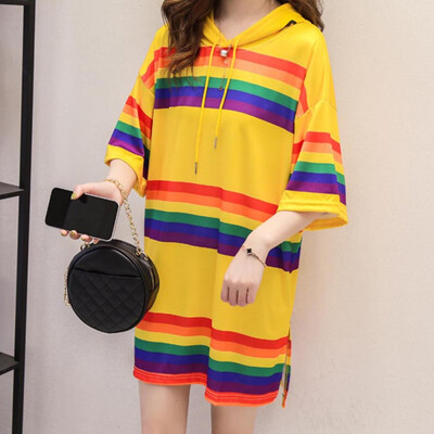 

Harajuku Stripe Plus Size Block Rainbow Hooded Pocket Tee Top Streetwear WomenMen Long T-Shirt Pullover T-Shirt Bomg
