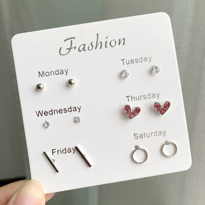 

EK490 6 Pairs Stud Earrings for Women Stars Heart Crystal Cute Earrings Set Fashion Jewelry Monday To Saturday Earring Brincos