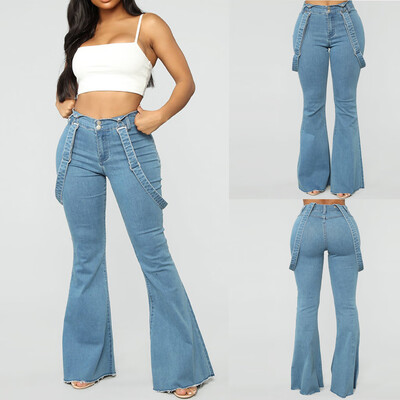

Tailored Women High Waist Zipper Jeans Button Strap Pants Trousers Bell-bottom Pants