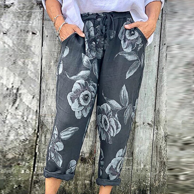 

Plus Size Women Long Pants Summer Boho Floral Pants Pocket Loose Pants