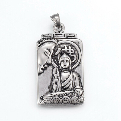 

304 Stainless Steel Pendants Rectangle with Buddha Antique Silver 435x24x4mm Hole 5x6mm