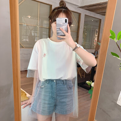 

Womens Fake Two Pieces tshirt Set Casual O-Neck Embroidery Pattern Mesh Stitching Short Sleeve Loose T-Shirt