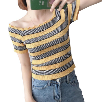 

Womens Pullover Casual Slash Neck Ruffles Striped Short Sleeve Slim Knitted Crop T-Shirt
