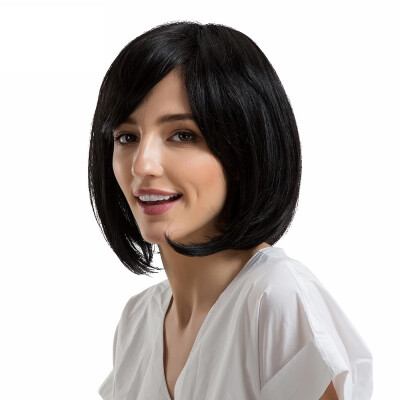 

〖Follure〗Ladies Side Parting Shoulder Length Black Bobo Wigs With Bangs Human Hair Wigs