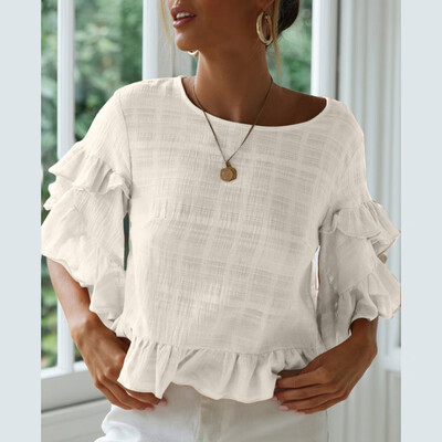 

Nomeni Womens Casual Solid Color O-neck Shirt Trumpet Sleeves Ruffled Shirt T-shirt