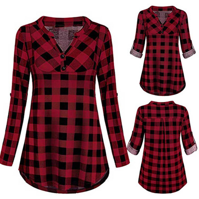 

Starmoon Womens Shirt Top Plaid Long Sleeve V-Neck Casual Buttoned Shirt Top Blouse