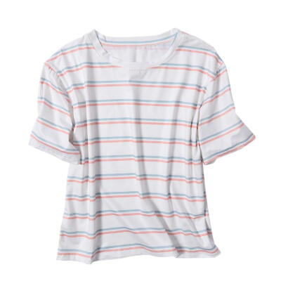 

Hit Color Stripe Tops Women Summer Short Sleeve O Neck Casual T-shirts