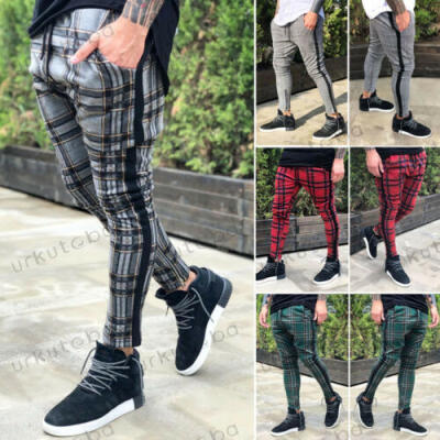 

Men Ankle Zip Plaid Check Casual Trousers Pants Joggers Jogging Slim Fit Skinny