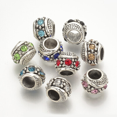 

Alloy Rhinestone European Beads Large Hole Beads Rondelle Antique Silver Mixed Color 12x11x9mm Hole 5mm