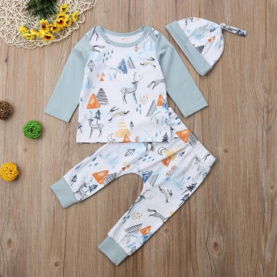 

3Pcs Baby Boy Girl Long Sleeve Cartoon Animal Shirt Top Long Pants Hat Cotton Outfit Clothes set