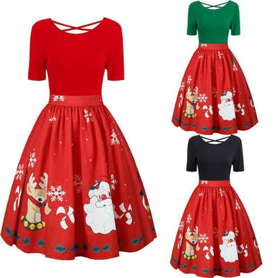 

Womens Ladies Christmas Vintage Santa Claus Print Oversized Evening Party Dress