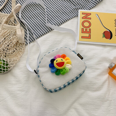 

Cartoon cute colorful sun flower canvas bag 2019 new wild plaid shoulder bag fashion Messenger small square bag