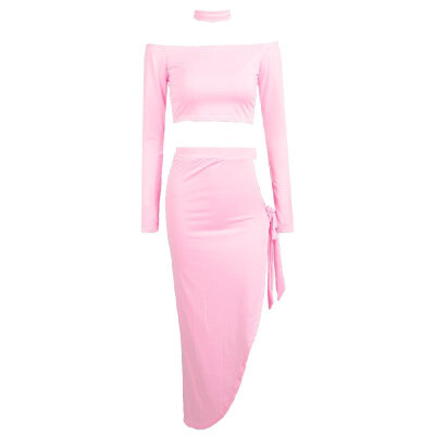 

Sexy Women Off Shoulder Two Piece Set Long Sleeve Tie Side Slit Asymmetric Party Club Dress Crop Top Skirt with Choker