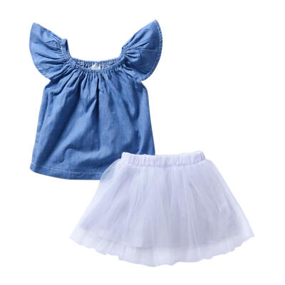 

2pcsSet Girls Baby Cute Ruffle Decor Sleeveless Tops Yarn Skirt Outfits