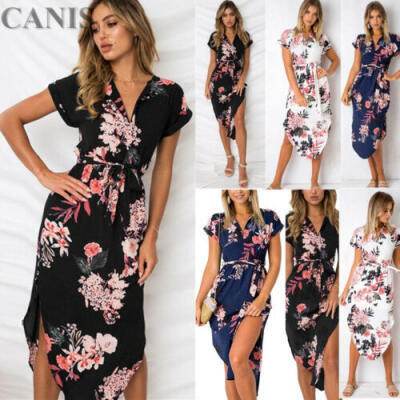 

Fashion Womens Short Sleeve Floral Print Tunic Dress Irregular Beach Sundress