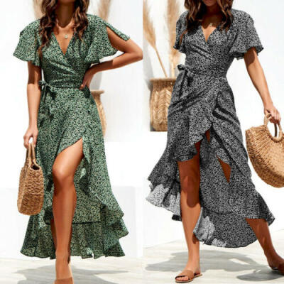 

UK Women Short Sleeve Wrap Boho Floral Maxi Dress Ladies Summer Sundress Holiday