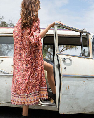

Fashion Women Long Beach Cover Up Chiffon Kimono Allover Print Front Open Loose Long Thin Coat Orange