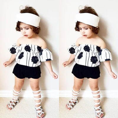 

Striped Infant Newborn Baby Girls Flower Off Shoulder Summer Clothes Tops Pants Shorts Outfits