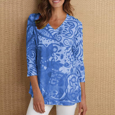 

Starmoon Women Casual Plus Size Tops Shirt V Neck Retro Print Daily Vintage Loose Blouse