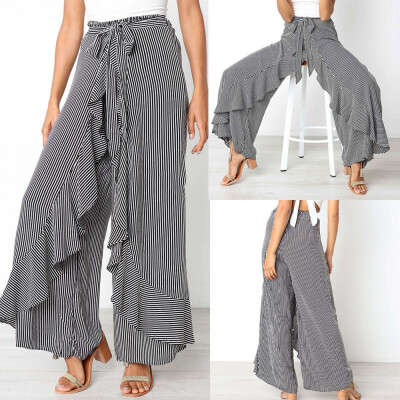 

Tailored Women Ladies Summer Striped Wide Leg High Waist Pants Casual Long Trousers