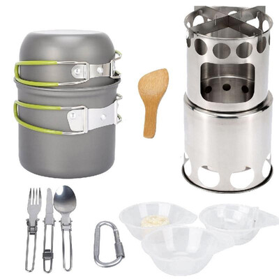 

13Pcs Camping Cookware Mess Kit Outdoor Portable Folding Wood Stove Pot Set Bowls Spoon Fork Cutter Tableware Cooking Set