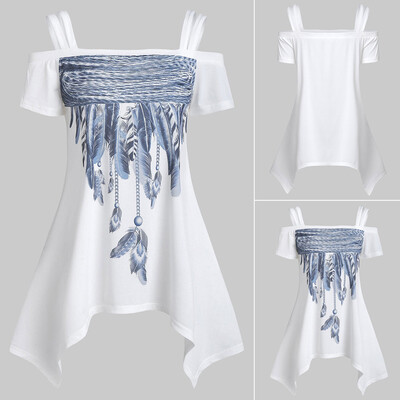 

Starmoon Fashion Womens Casual Cold Shoulder Feather Print Asymmetric Tee Tops T-Shirt