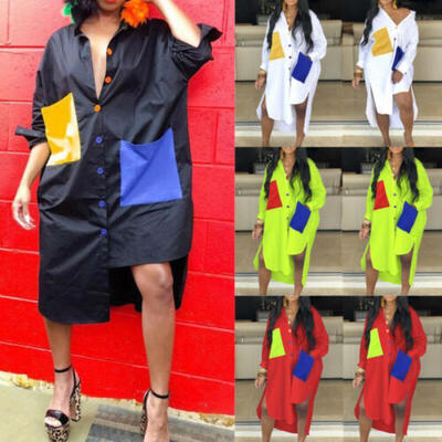 

US Womens Casual Long Sleeve Loose Shirt Mini Dresses Top Blouse Beach Sundress