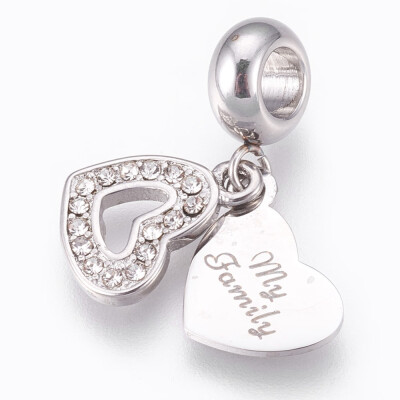

304 Stainless Steel European Dangle Beads Large Hole Pendants with Rhinestone Heart with Word My Family Stainless Steel Color