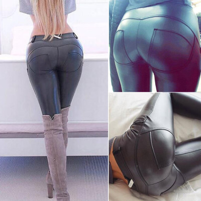 

Tailored Women Solid Black Slim Leather Pants Casual Stretch Pencil Trousers Thick Pants