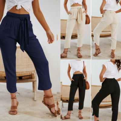 

Womens Pants Loose High Waist Belt Solid Slim Casual Ladies Straight Trousers US