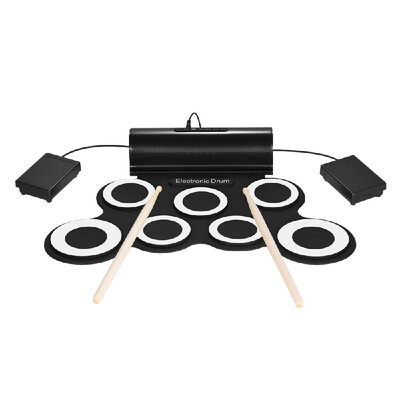 

Portable Digital Mono Electronic Drum Set Kit 7 Silicon Pads Built-in Speaker USB Powered with Drumsticks Foot Pedals 35mm Audio