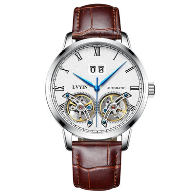 

Green automatic mechanical watch Leather Mens Watch Fashion Calendar Hollow Double tourbillon Waterproof Watch
