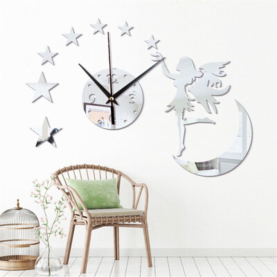 

〖Follure〗DIY Modern 3D Angel Girl Mirror Wall Clock Home Office Interior Decoration