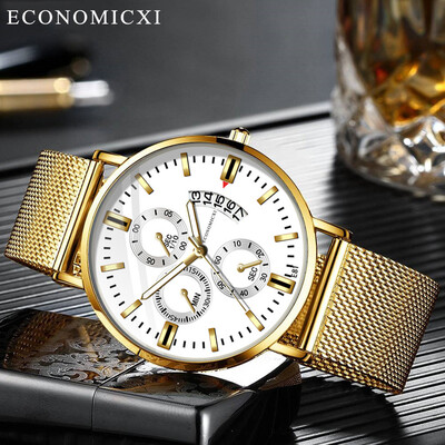 

Gobestart Fashion Simple Stainless Steel With Three Eyes Small Dial Mens Quartz Watch