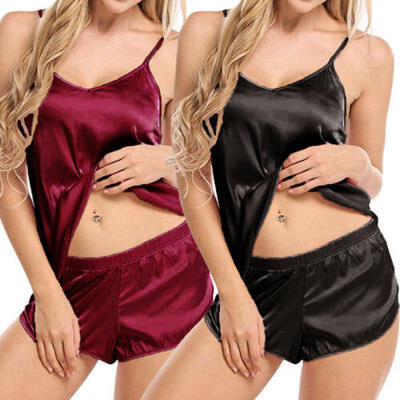 

2pcs Women Sexy Satin Vest Sleepwear Babydoll Lingerie Nightdress Pajamas Set US