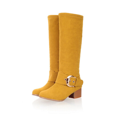 

IDIFU Womens Trendy Buckle Belt Vivid Color Stacked Block Medium Heel Round Toe Faux Suede Pull on Knee High Riding Boots