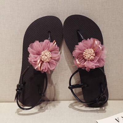 

Sandals female flower flat shoes Bohemian wind net red 2019 beach vacation students Joker Roman beach shoes
